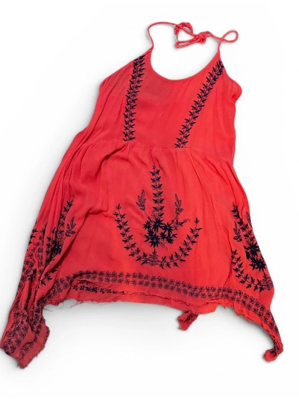 Free People M Coral Salmon Embroidered Handkerchief Hem Tunic Dress